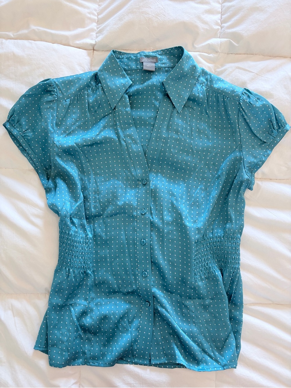 Ann Taylor Teal Polka Dot Short-Sleeve Button-Down Blouse